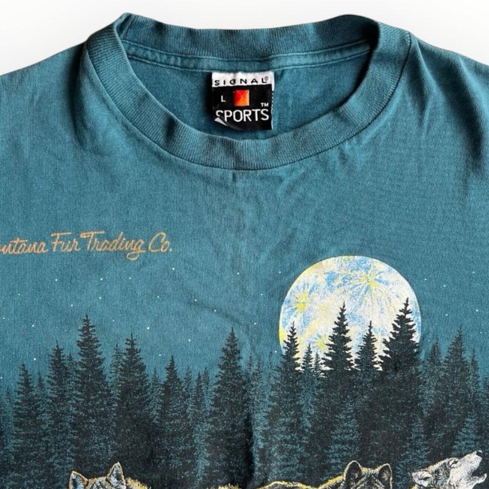 Vintage 90s T-Shirt Men’s L AOP Wrap Around Nature Wolves Single Stitch - Picture 3 of 8